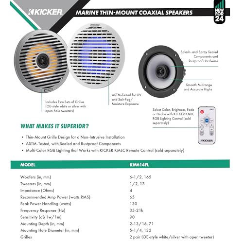 KICKER KMC2 Marine Receiver & 51KM614FL 6.5" LED Speaker Bundle