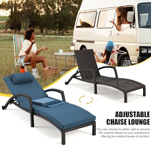 HOMREST Chaise Lounge Chairs Set of 4 PE Rattan Wicker Adjustable Dark Blue