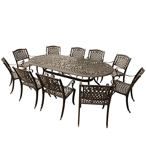 Oakland Living Contemporary Modern Ornate Mesh Lattice 95-Inch Oval Patio Dining Set with Ten Chairs Bronze