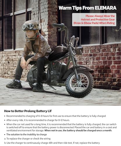 ELEMARA Electric Dirt Bike Kids 15mph 150lb Max Black