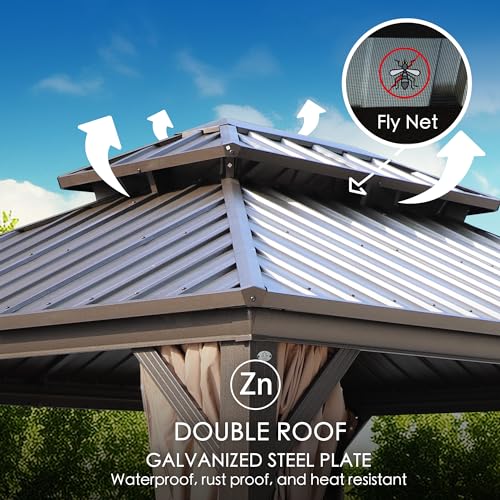 Kozyard Caesar 12'x16' Hardtop Gazebo with Netting and Curtains Brown