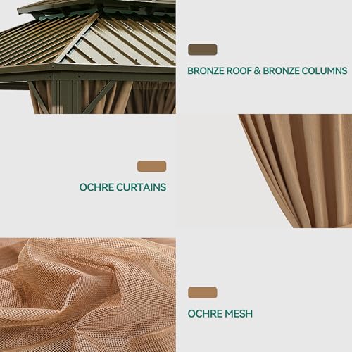 YITAHOME 12x12ft Hardtop Gazebo with Nettings and Curtains Bronze