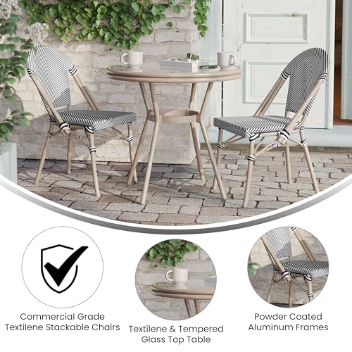 Flash Furniture Marseille Indoor/Outdoor Bistro Set - Tempered Glass Table & 2 Chairs - Black & White Textilene/Light Natural Frame