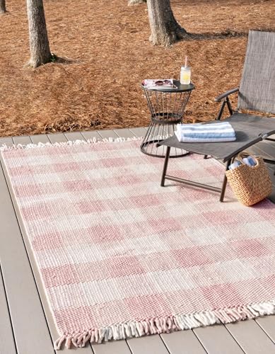 Unique Loom Eco Plaid Indoor Outdoor Washable Area Rug Balmoral 9' x 12' Pink/Ivory