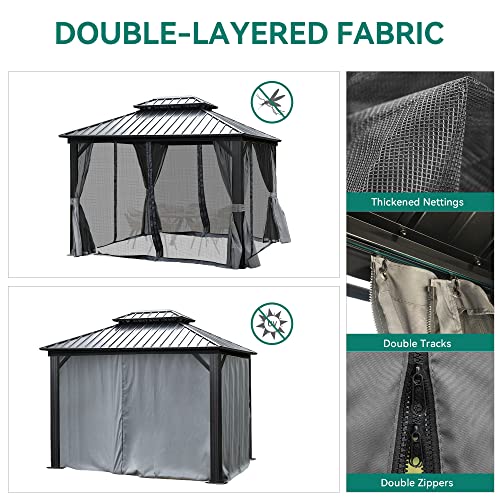 DWVO 10x12ft Hardtop Gazebo Double Roof with Nettings and Curtains Grey