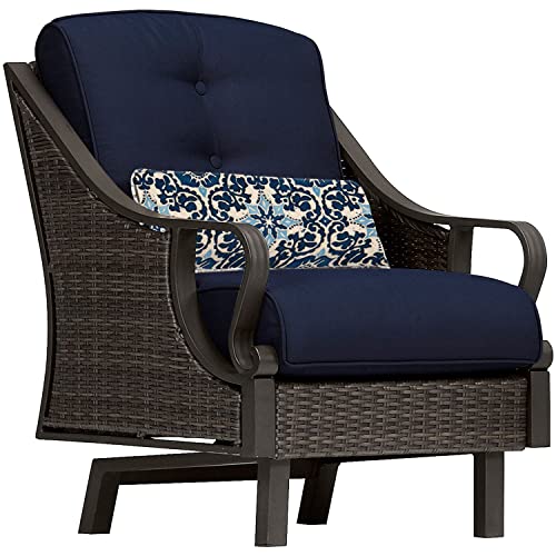 Hanover Ventura Outdoor 4-Piece Patio Furniture Set with Loveseat, 2 Rocking Chairs, Navy Cushions and Ceramic Tile Coffee Table Navy