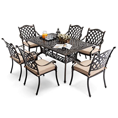 Ailismail 7-Piece Outdoor Dining Set Cast Aluminum Retro Patio Dining Set for 6 with 59” Table, 6 Chairs, Thicker Cushion, and Umbrella Hole Bronze