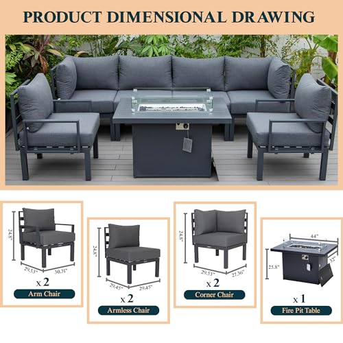 LeisureMod Chelsea Outdoor Patio 7-Piece Conversation Set with Fire Pit Table Black