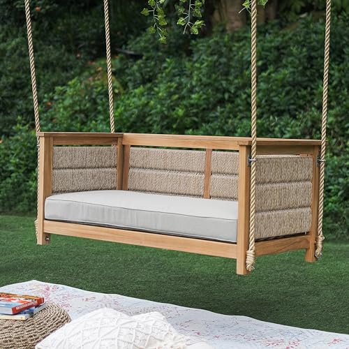 Teak Wood Outdoor Porch Swing with Cushion White Weather Resistant