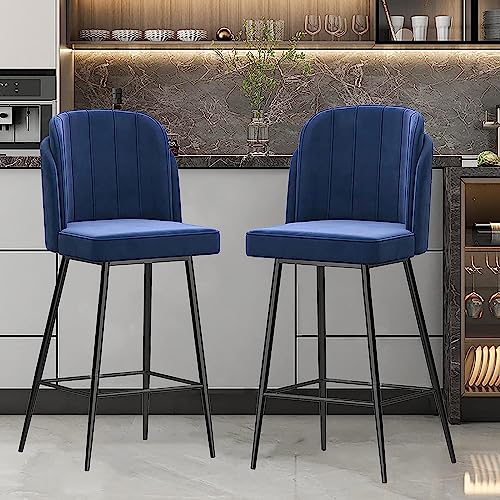 IPSU Velvet Bar Stools Set of 4 Modern Upholstered Counter Height Blue
