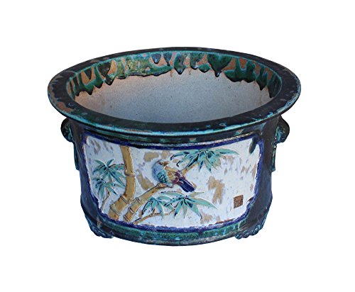 Orientliving Chinese Ceramic Dimensional Flower Butterfly Round Planter Green