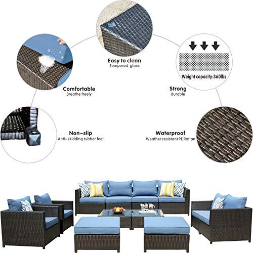 Oviros 12-Piece Patio Furniture Set Outdoor Wicker Rattan Sofa Brown Wicker, Blue