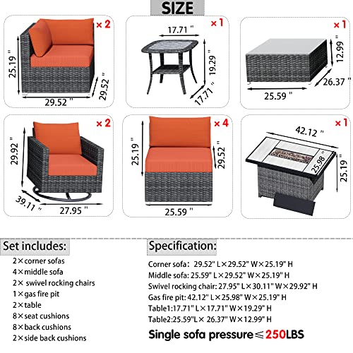 Generic XIZZI 11-Piece Outdoor Sectional Sofa Set with Swivel Rocking Chairs and Fire Pit Table Orange Red