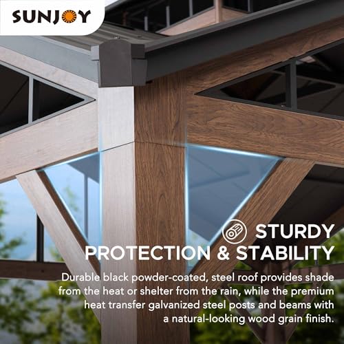 Sunjoy 12.5 x 12.5 ft. Hardtop Gazebo Brown Steel 2-Tier Outdoor with Ceiling Hook