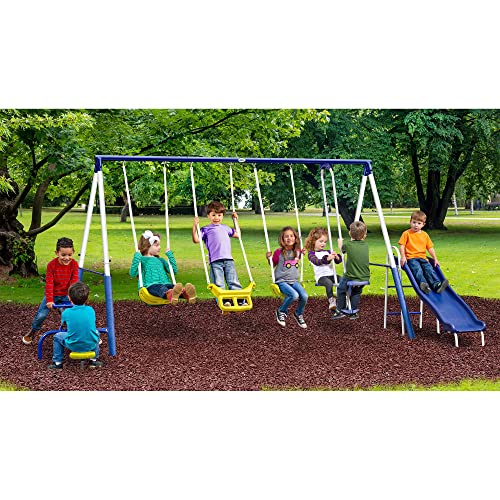 XDP RECREATION Kids Outdoor Playground Set with Glider, Slide, Swings & Seesaw Blue/White