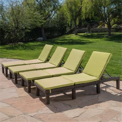Noble House Jamaica Multi-Brown Wicker Chaise Lounge with Green Cushion (Set of 4)