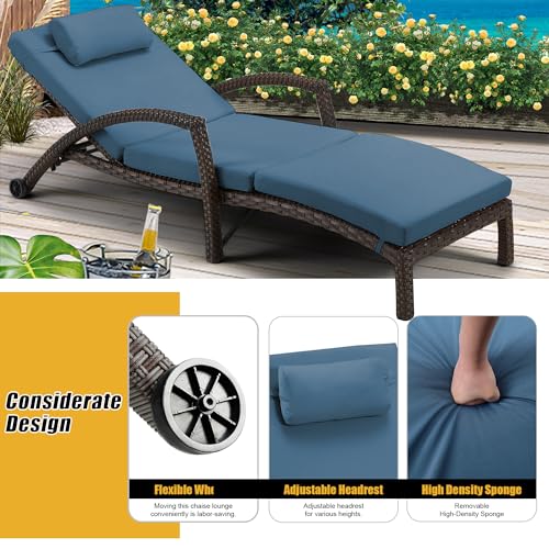 HOMREST Chaise Lounge Chairs Set of 4 PE Rattan Wicker Adjustable Dark Blue