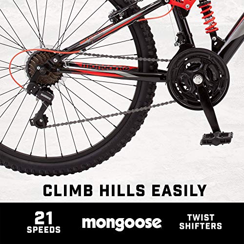 Mongoose Status 2.2 Mountain Bike 26-Inch Wheels 21-Speed Shifters Aluminum Frame Front Suspension Black/Red