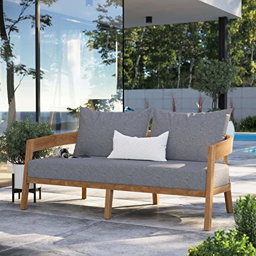 Modway Brisbane Modern Teak Wood Fabric Patio Loveseat Natural Gray