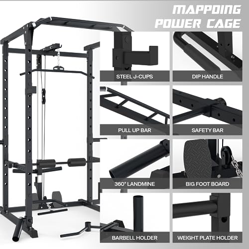Mappding Power Cage with LAT Pulldown, Multi-Functional Squat Rack Black