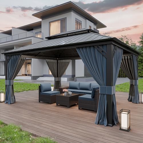 Kurapika 12' x 16' Hardtop Gazebo Outdoor Metal Pavilion with Galvanized Steel Roof, Curtains & Netting Navy Blue