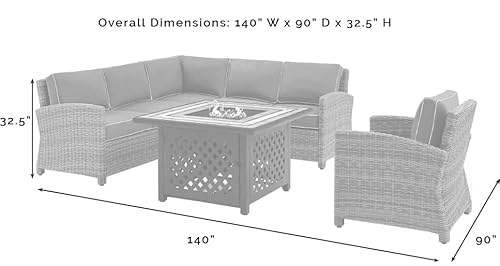 Crosley Furniture Bradenton 5-Piece Wicker Outdoor Sectional Sofa Set with Fire Pit Table Brown with Sangria Cushions