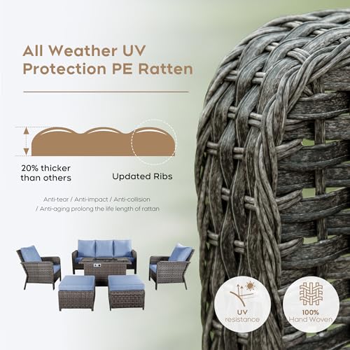 Yechen Patio Conversation Set with 44" Propane Fire Pit Table - 6 Pcs Blue Wicker Outdoor Furniture