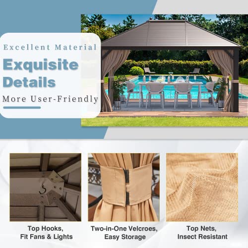 MELLCOM 10'x13' Hardtop Gazebo with Netting and Curtains Dark Brown