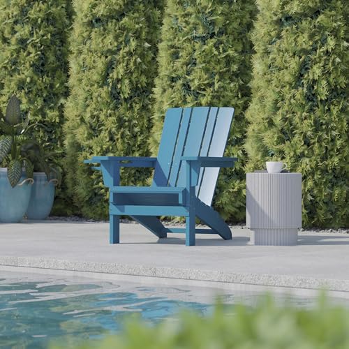 BizChair Adirondack Chairs Set of 4 with Cup Holders, Weather Resistant Poly Resin Blue
