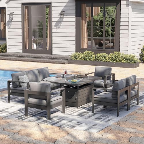 Solaste Aluminum Patio Furniture Set with Fire Pit Table, 7 Seats, Water-Resistant Cushions Grey