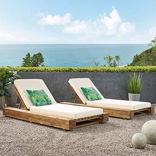 Great Deal Furniture GDFStudio Outdoor Acacia Wood Chaise Lounge Set of 2 Sandblast Teak Finish, Cream