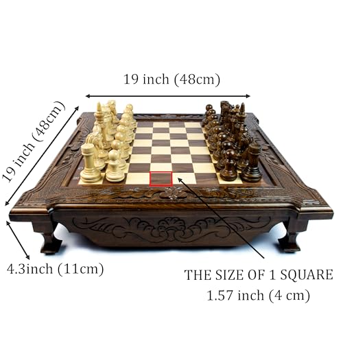 HandCraftoria Large Handmade Wooden Chess Set with Storage Brown