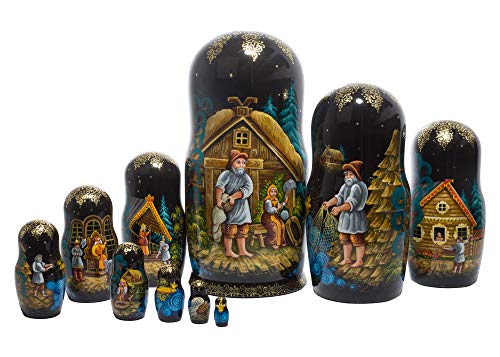 Golden Cockerel Russian Gold Fish Nesting Doll Collectible 10pc 10" Matryoshka