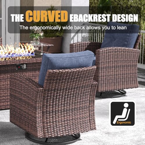 LayinSun 7-Piece Patio Furniture Set with Swivel Chairs and Fire Pit Table Brown/Navy Blue