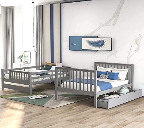 Harper & Bright Designs Full Over Full Bunk Beds with Stairs and Storage Drawers Grey