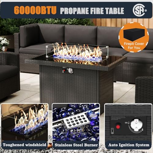 KHOLH 13-Piece Patio Furniture Set with Fire Pit Table, All-Weather Wicker Sectional Sofa and 4 Swivel Chairs Black