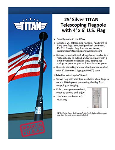 TITAN TELESCOPING FLAGPOLE 25' Telescoping Silver Flagpole w/ Flag