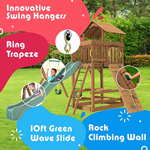 Creative Playthings LTD. Spring Hill Wooden Swing Set with Climbing Wall, Swings, and Slide Yellow