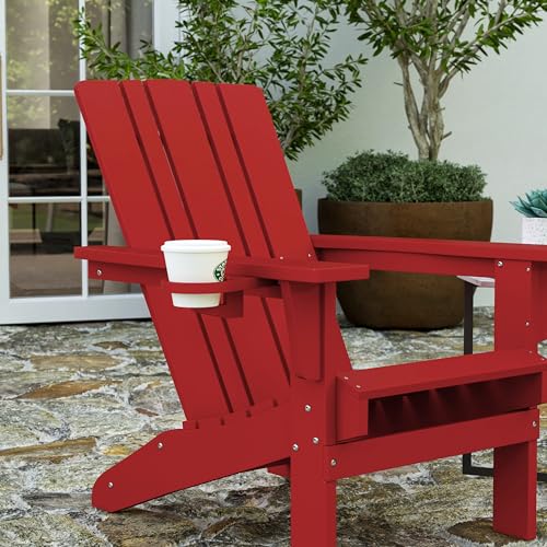Merrick Lane Ridley Adirondack Chairs Set of 4 with Cup Holders, Weather Resistant Poly Resin Red