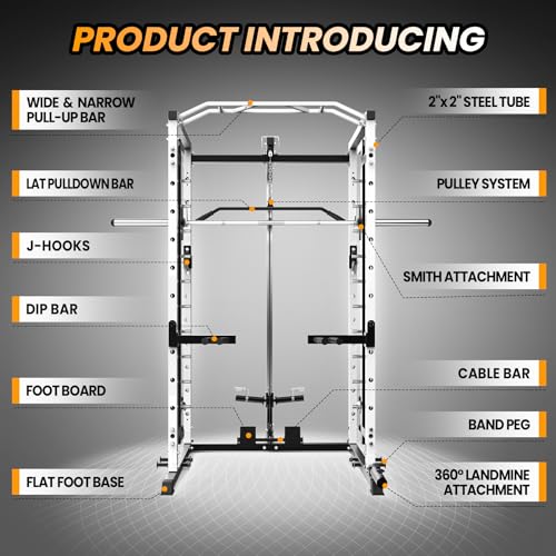 STMHOM Power Cage 1600 Lbs with Smithbar & LAT Pulldown White