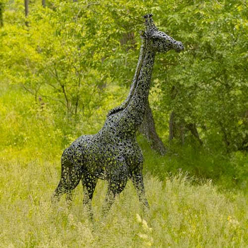 Zaer Ltd. 9 Ft Tall Mommy & 7 Ft Tall Baby Giraffe Iron Garden Statues Metallic Black and Silver