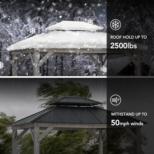 Sunjoy 10x12 ft. Wood Gazebo Outdoor Patio Cedar Framed Steel Hardtop Black + Gray Wood