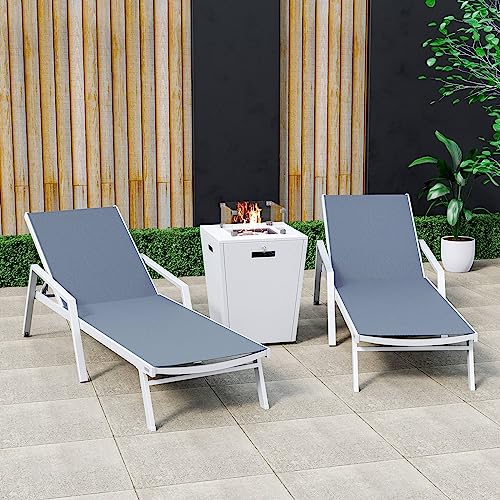 LeisureMod Marlin Modern Outdoor Chaise Lounge Chair Set with Fire Pit Table Dark Grey