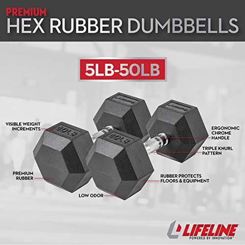 Lifeline HEX Rubber Dumbbell Set Black/Chrome