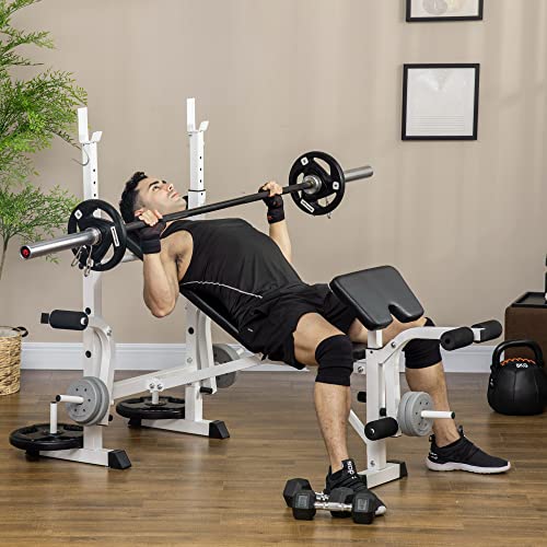 Soozier Adjustable Weight Bench with Squat Rack, Preacher Curl Pad, Leg Developer, Butterfly and Weight Storage Black and White
