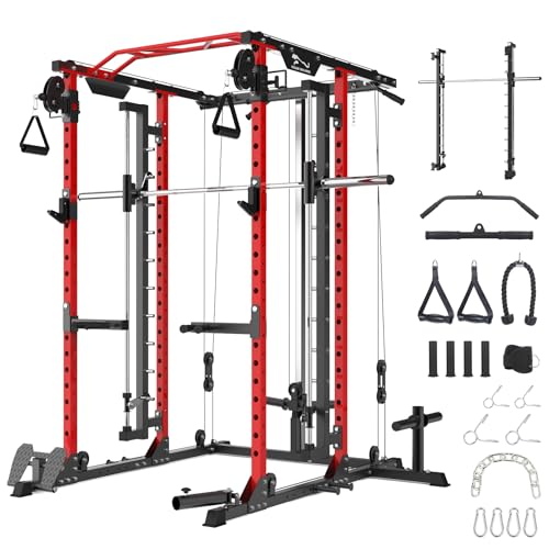 STMHOM Power Cage with Smithbar, 2000 Lbs Power Rack, Cable Crossover System, Black/Smithbar Red