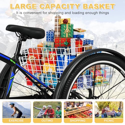 NAIZEA Adult Mountain Tricycle 7 Speed Three Wheel Cruiser Bike 24/26/27.5 Inch Trikes with Shopping Basket Black Blue Green