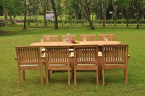 WholesaleTeakFurniture Grade-A Teak Wood 9 Pc Dining Set with 94" Oval Table and 8 Napa Stacking Arm Chairs