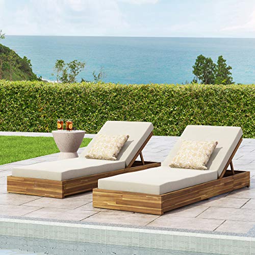 Christopher Knight Home Abraham Outdoor Acacia Wood Chaise Lounge Set of 2 Teak Finish + Cream