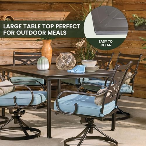 Hanover Montclair 7-Piece Outdoor Dining Set with 6 Swivel Rockers and Blue Cushions